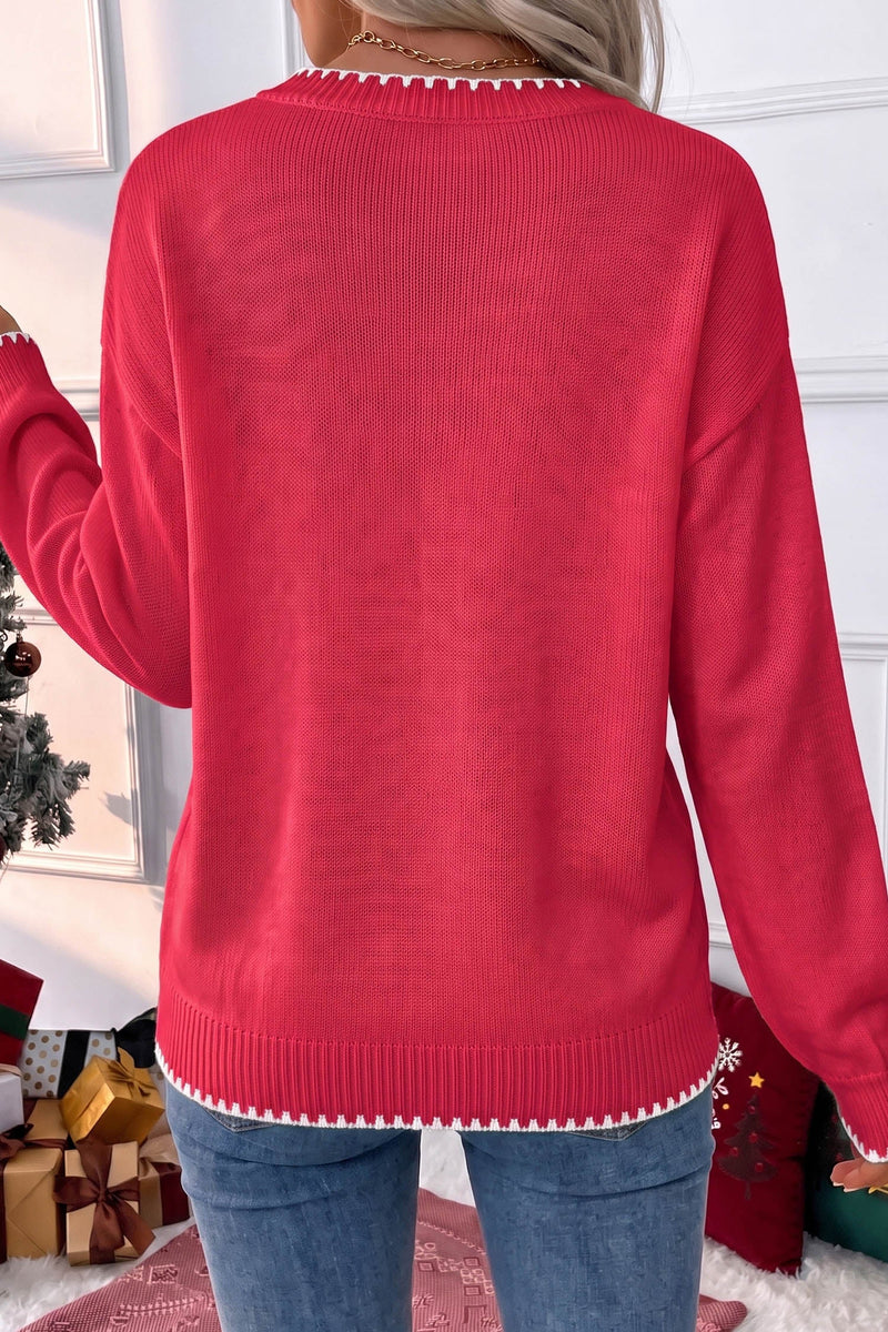 Christmas Tree Sweater for Women with Gingham Ribbon and Stitched Trim in Red, back view