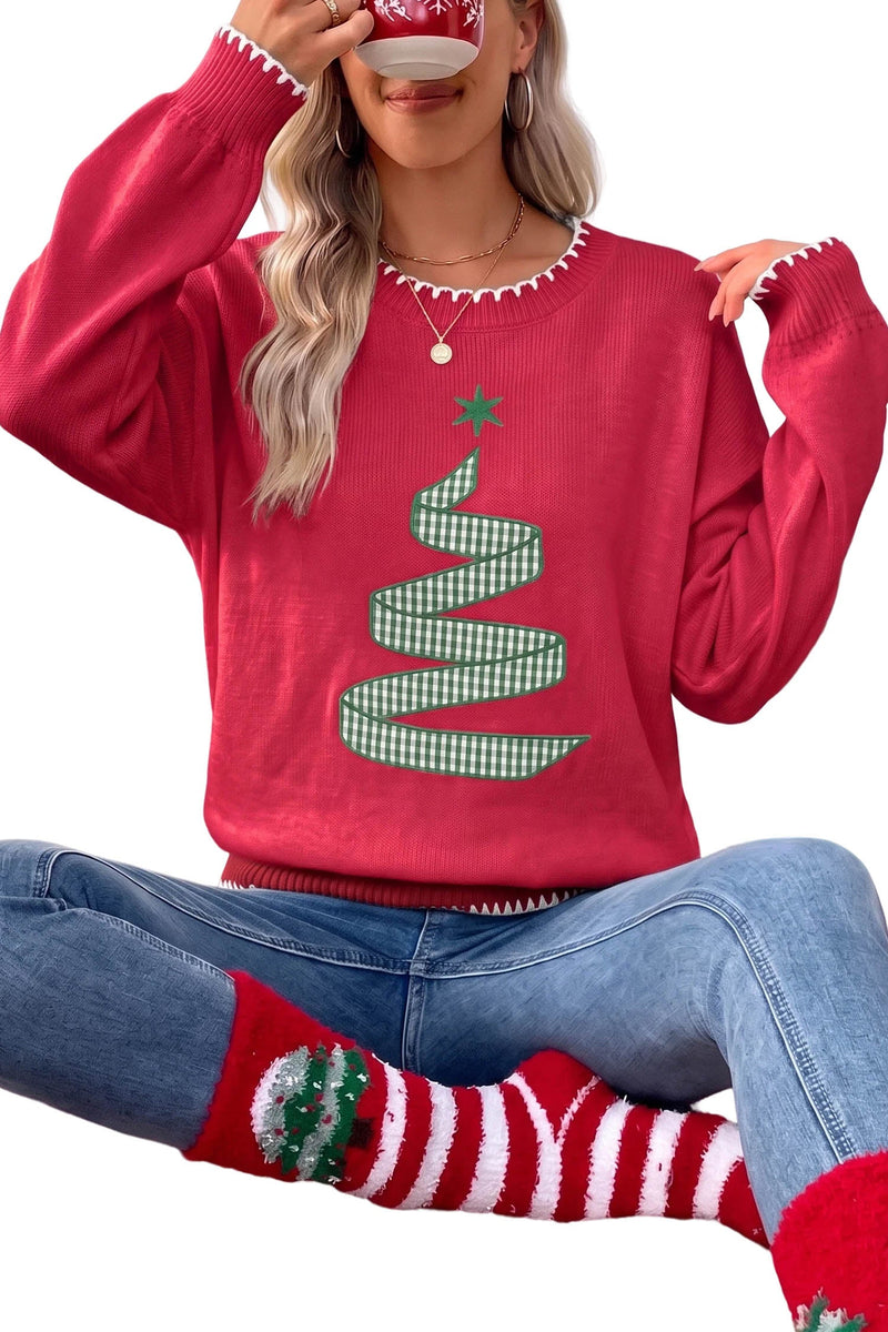 Christmas Tree Sweater for Women with Gingham Ribbon and Stitched Trim in Red, front view on white background