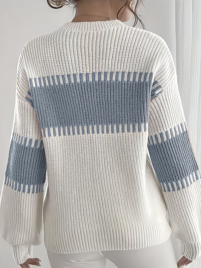 Color Block Striped Sweater for Women with Ribbed Knit and Drop Shoulders in White and Blue, back view