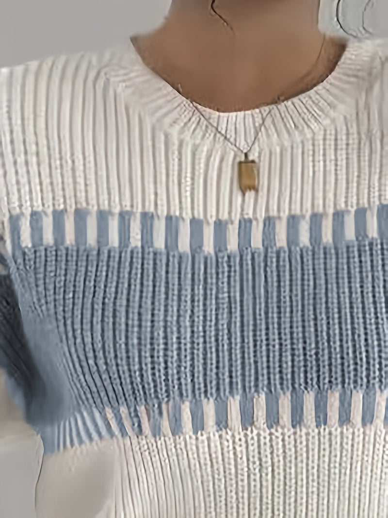 Color Block Striped Sweater for Women with Ribbed Knit and Drop Shoulders in White and Blue, close-up