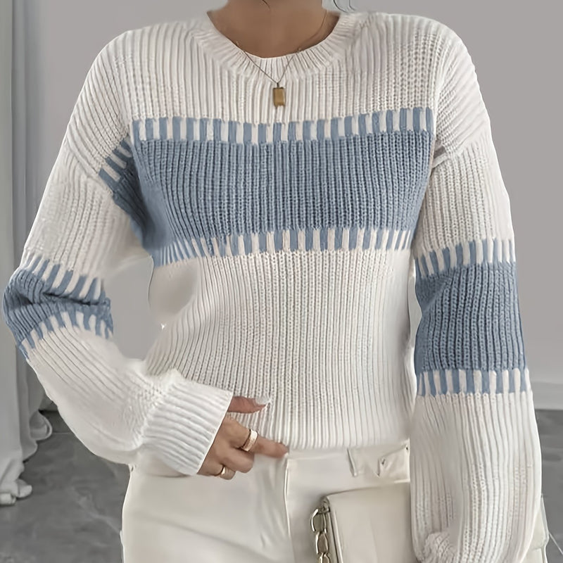 Color Block Striped Sweater for Women with Ribbed Knit and Drop Shoulders in White and Blue, front view