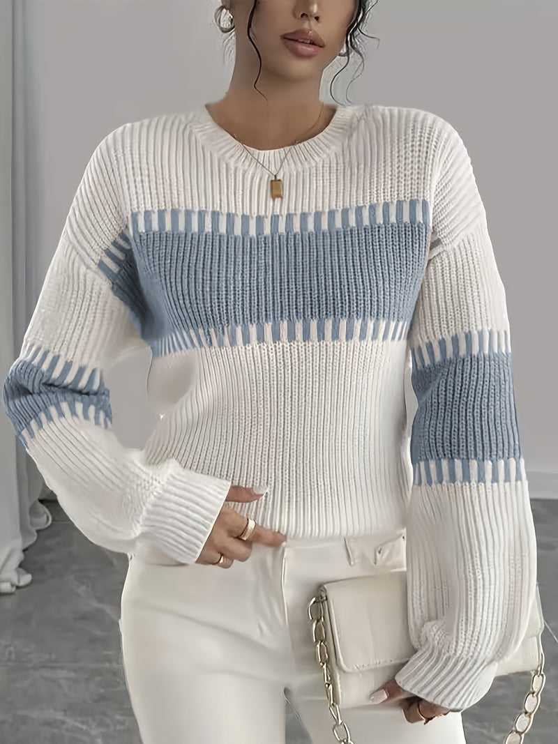 Color Block Striped Sweater for Women with Ribbed Knit and Drop Shoulders in White and Blue, front view 2