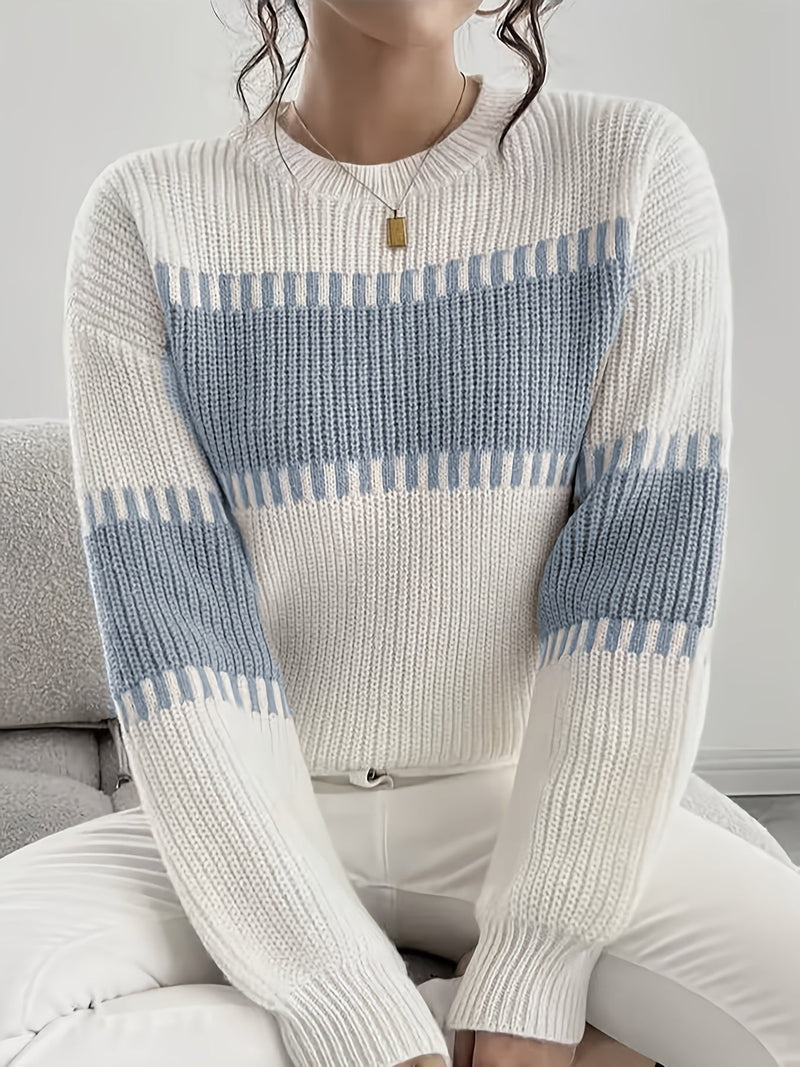 Color Block Striped Sweater for Women with Ribbed Knit and Drop Shoulders in White and Blue, seated view