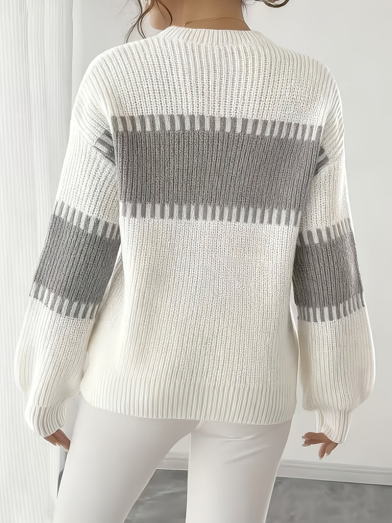 Color Block Striped Sweater for Women with Ribbed Knit and Drop Shoulders in White and Gray, back view