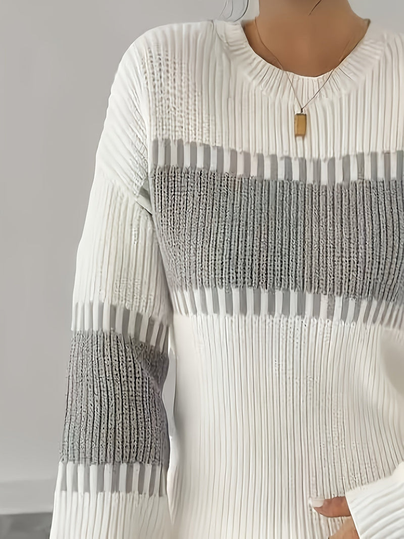 Color Block Striped Sweater for Women with Ribbed Knit and Drop Shoulders in White and Gray, close-up