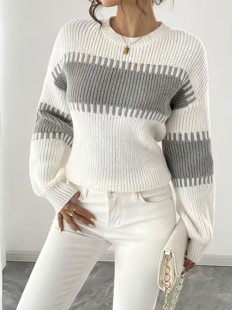 Color Block Striped Sweater for Women with Ribbed Knit and Drop Shoulders in White and Gray, front view 2
