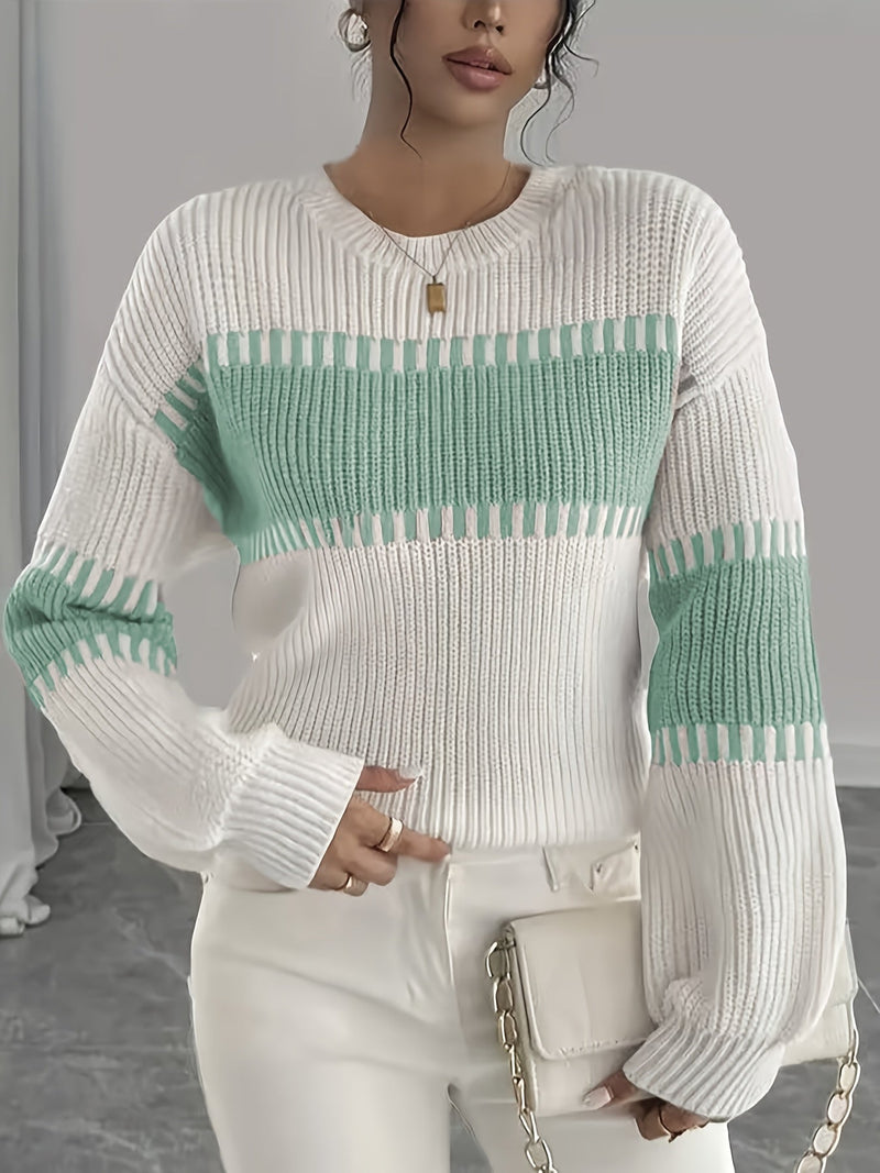 Color Block Striped Sweater for Women with Ribbed Knit and Drop Shoulders in White and Green, front view