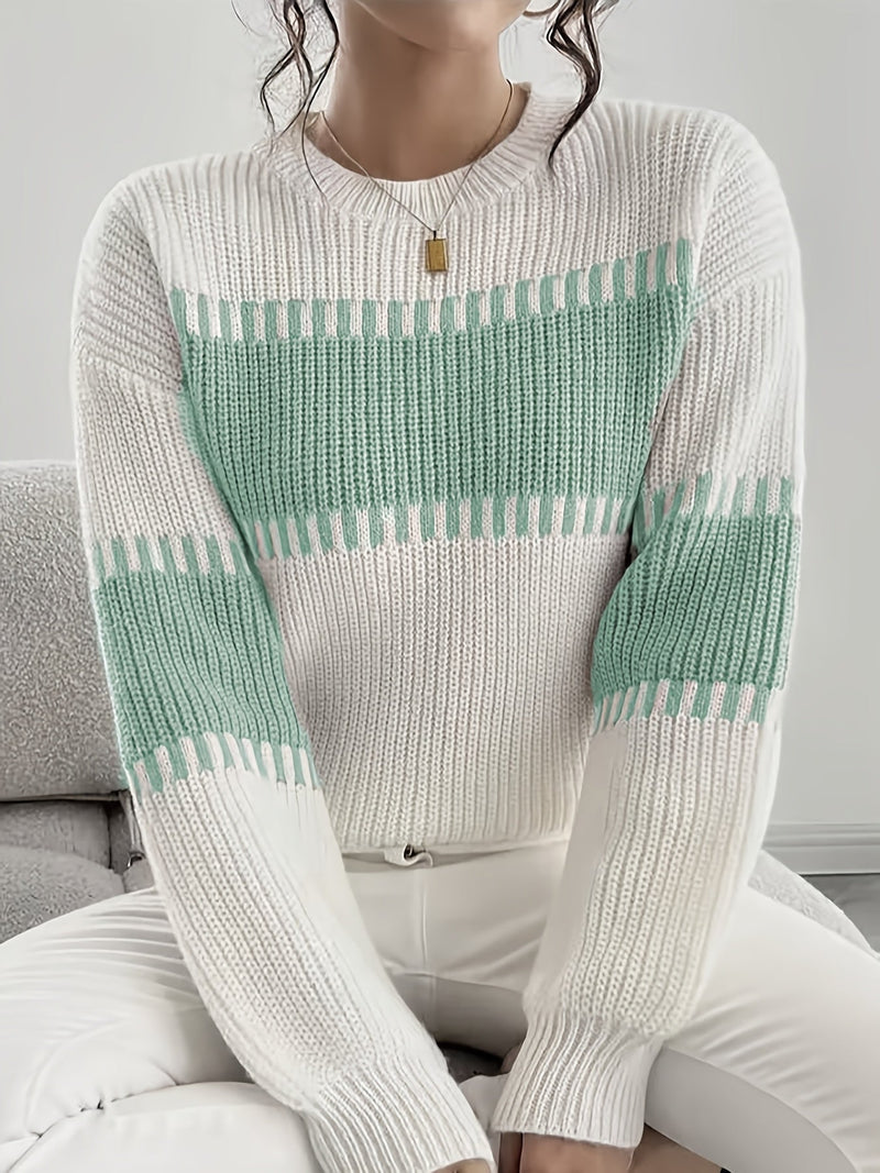 Color Block Striped Sweater for Women with Ribbed Knit and Drop Shoulders in White and Green, seated front view