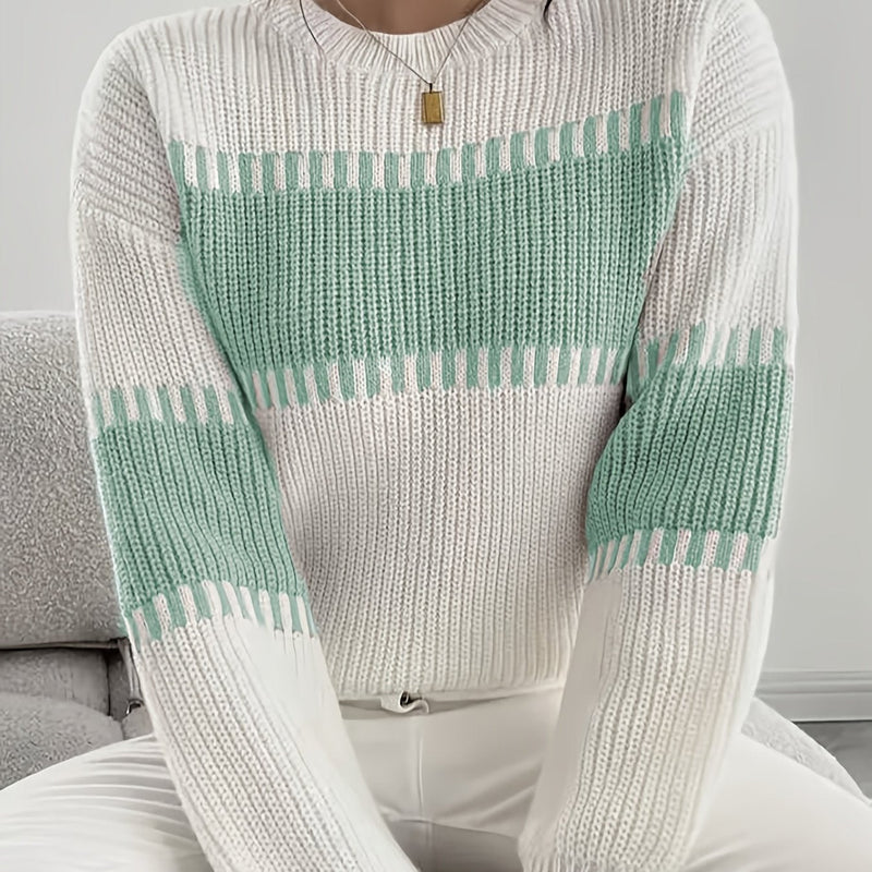 Color Block Striped Sweater for Women with Ribbed Knit and Drop Shoulders in White and Green, seated view