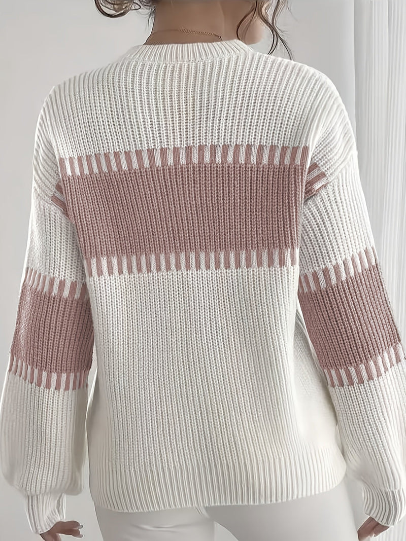 Color Block Striped Sweater for Women with Ribbed Knit and Drop Shoulders in White and Pink, back view
