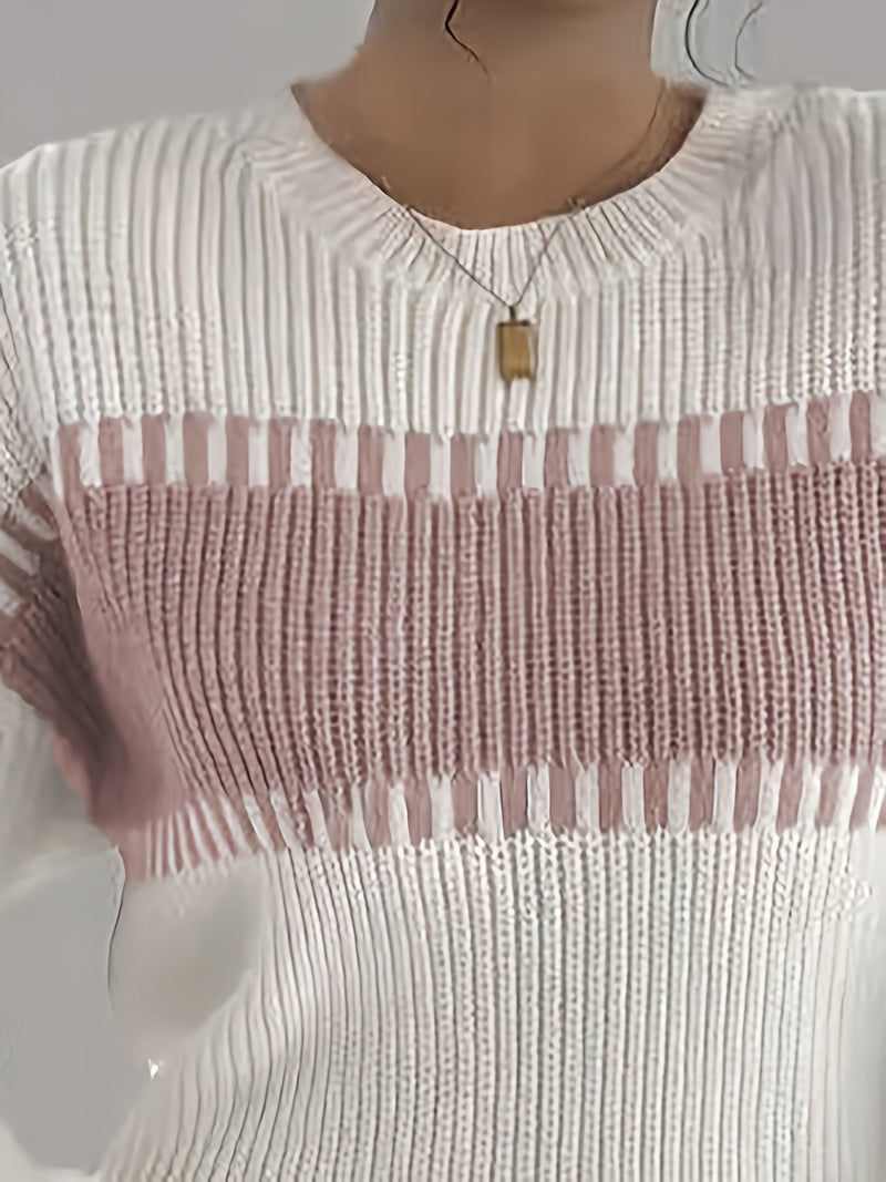 Color Block Striped Sweater for Women with Ribbed Knit and Drop Shoulders in White and Pink, close-up