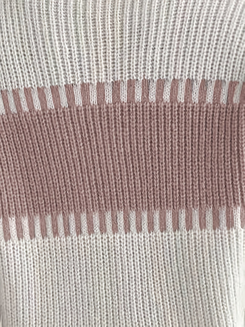 Color Block Striped Sweater for Women with Ribbed Knit and Drop Shoulders in White and Pink, fabric close-up