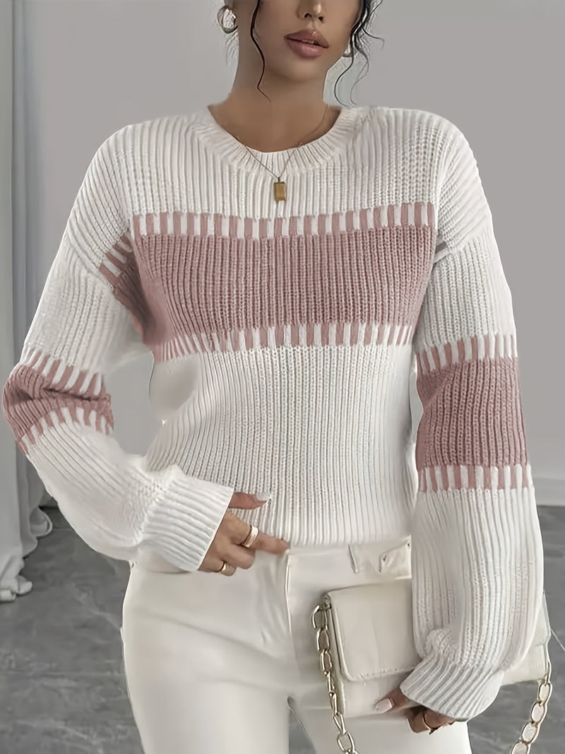 Color Block Striped Sweater for Women with Ribbed Knit and Drop Shoulders in White and Pink, front view