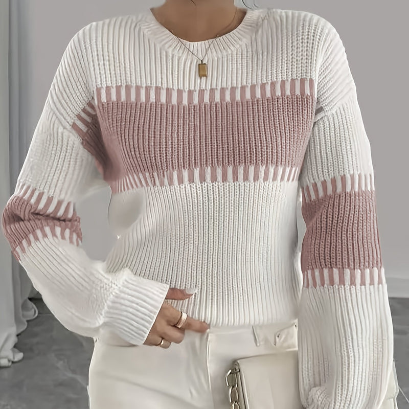 Color Block Striped Sweater for Women with Ribbed Knit and Drop Shoulders in White and Pink, front view 2