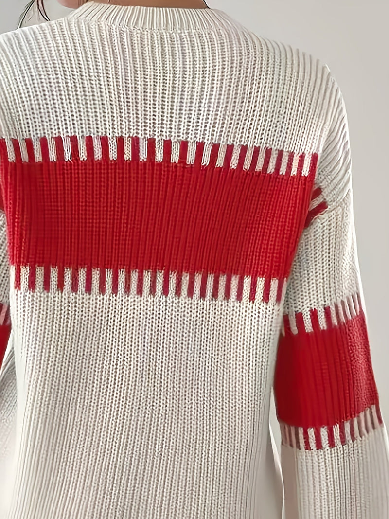 Color Block Striped Sweater for Women with Ribbed Knit and Drop Shoulders in White and Red, back close-up