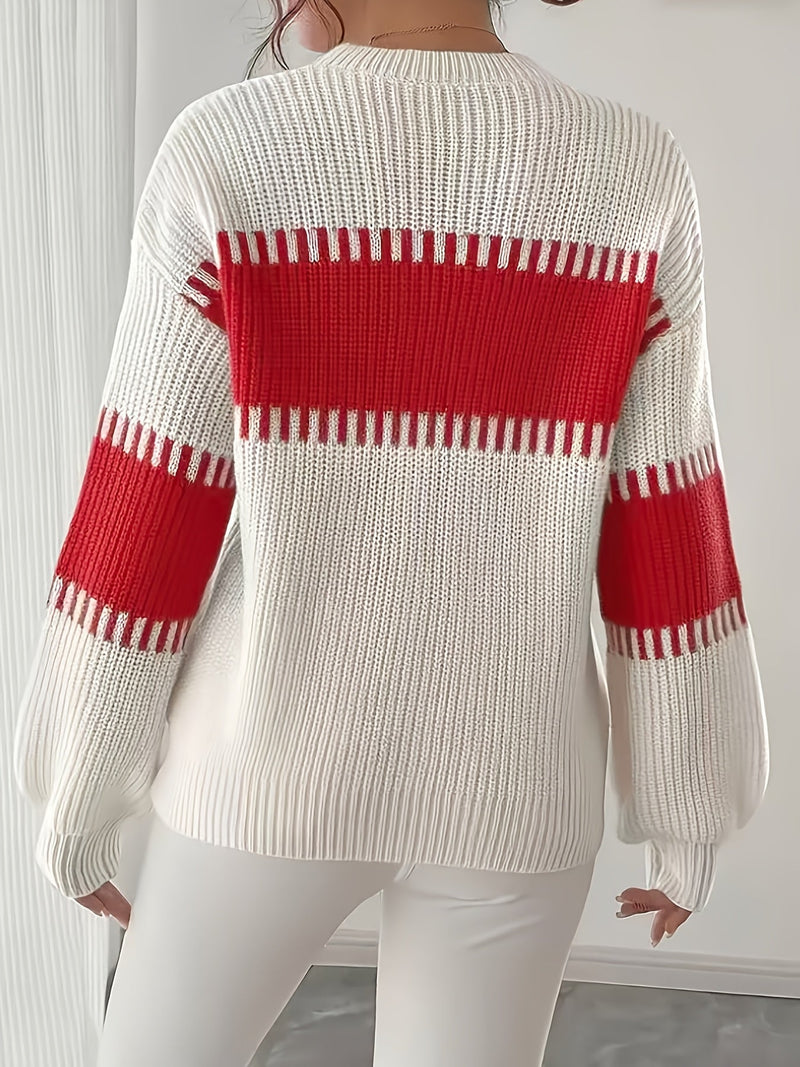 Color Block Striped Sweater for Women with Ribbed Knit and Drop Shoulders in White and Red, back view