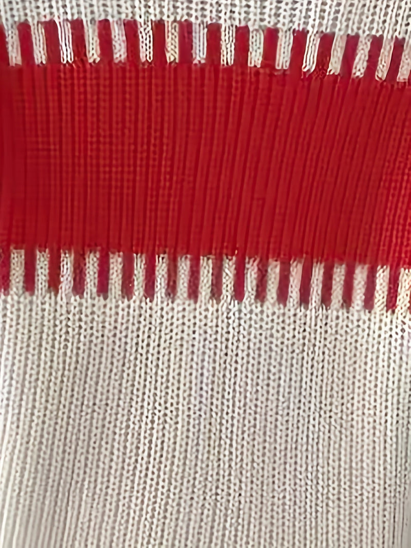 Color Block Striped Sweater for Women with Ribbed Knit and Drop Shoulders in White and Red, fabric close-up
