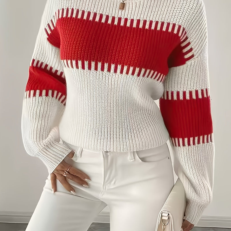 Color Block Striped Sweater for Women with Ribbed Knit and Drop Shoulders in White and Red, front view