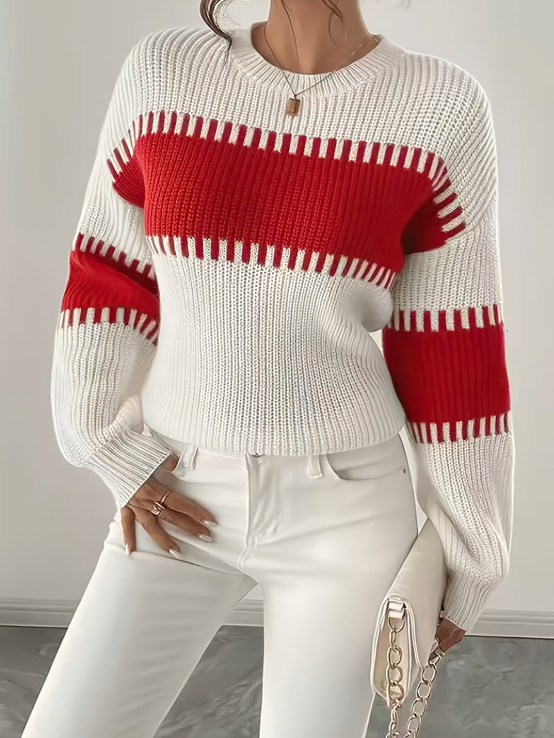 Color Block Striped Sweater for Women with Ribbed Knit and Drop Shoulders in White and Red, front view 2