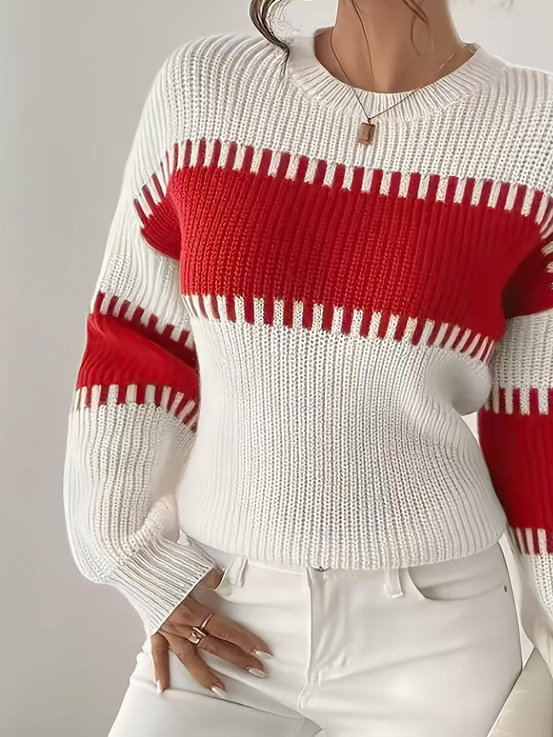 Color Block Striped Sweater for Women with Ribbed Knit and Drop Shoulders in White and Red, front view 3