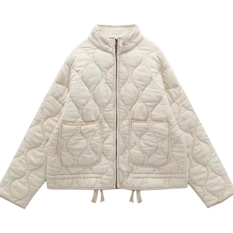 Quilted Zip Jacket for Women with Stand Collar and Patch Pockets in Cream, flat front view