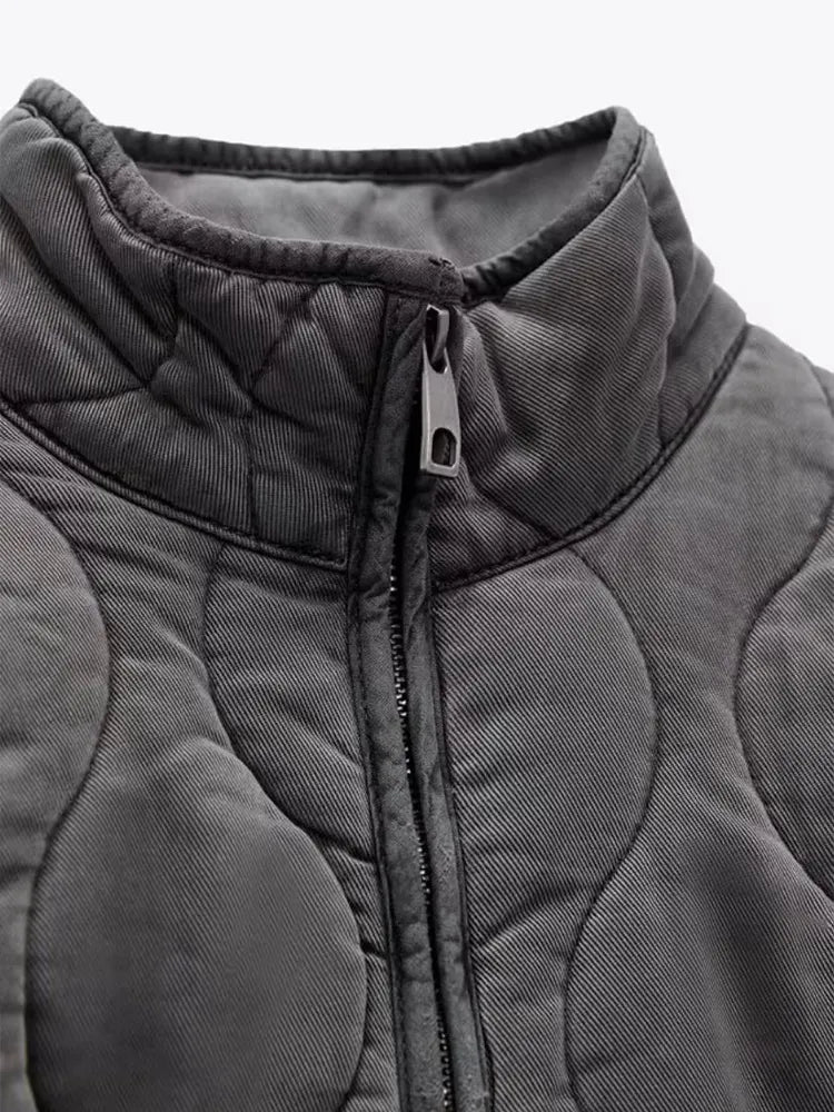 Quilted Zip Jacket for Women with Stand Collar and Patch Pockets in Grey, collar and zip close-up