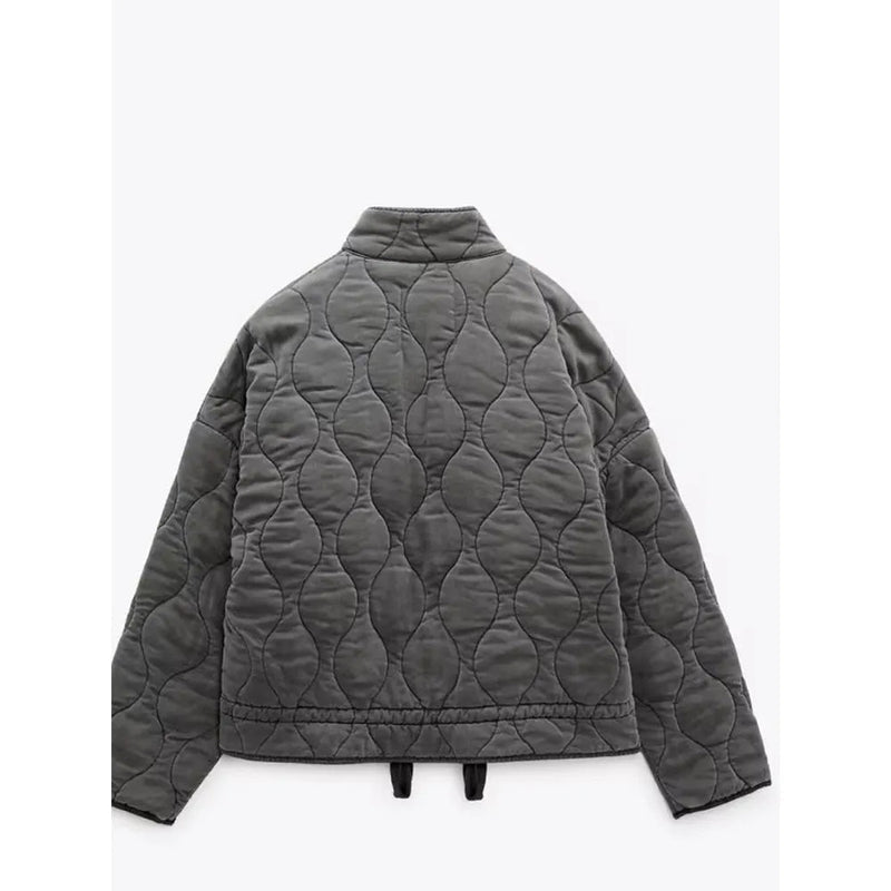 Quilted Zip Jacket for Women with Stand Collar and Patch Pockets in Grey, flat back view