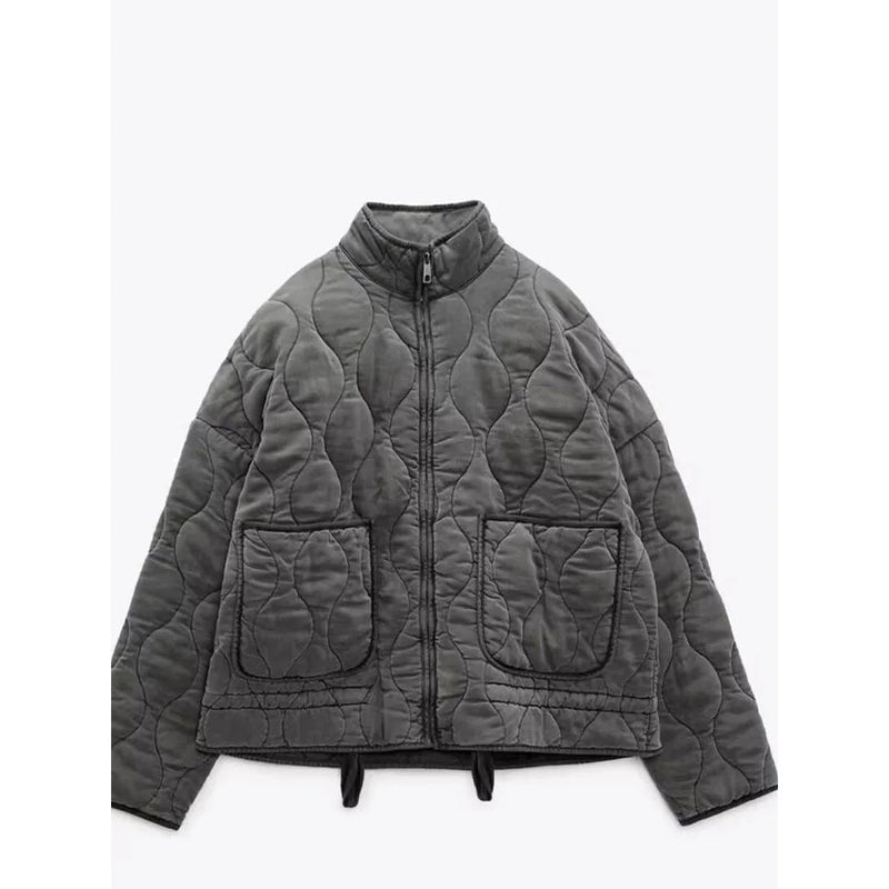 Quilted Zip Jacket for Women with Stand Collar and Patch Pockets in Grey, flat front view