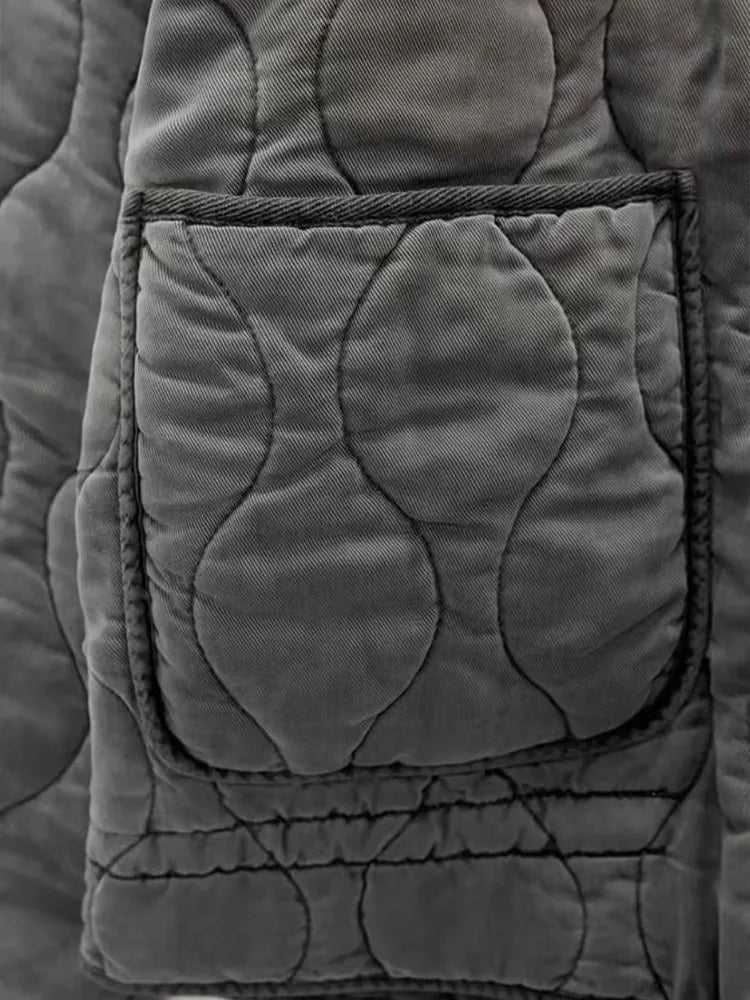 Quilted Zip Jacket for Women with Stand Collar and Patch Pockets in Grey, pocket close-up