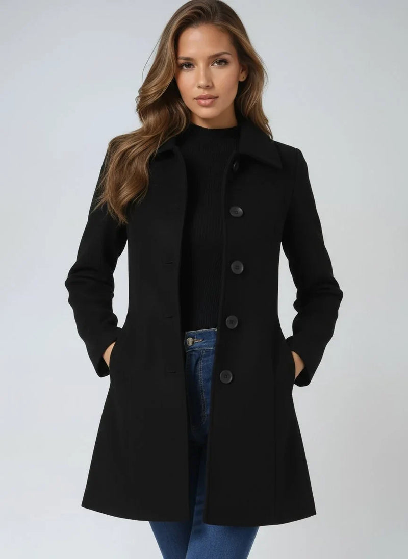 Single Breasted Wool-Look Winter Coat for Women with Pockets and Lining in Black, pockets view