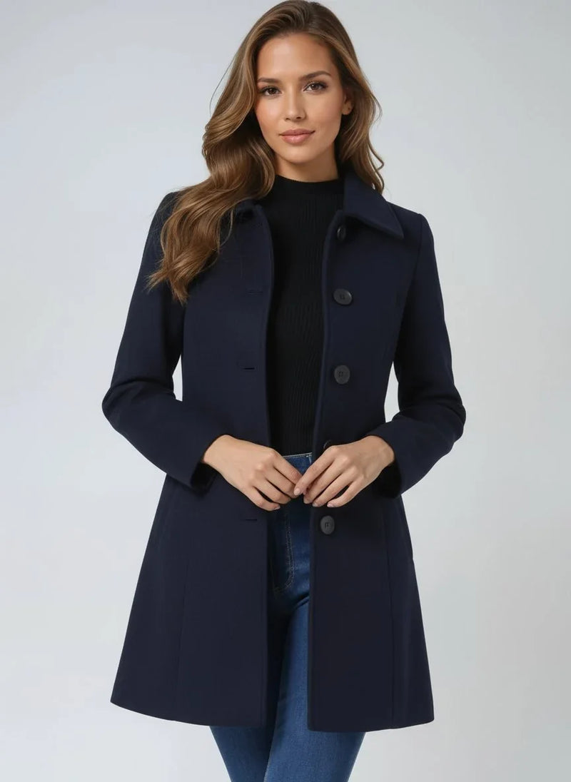 Single Breasted Wool-Look Winter Coat for Women with Pockets and Lining in Dark Blue, front view