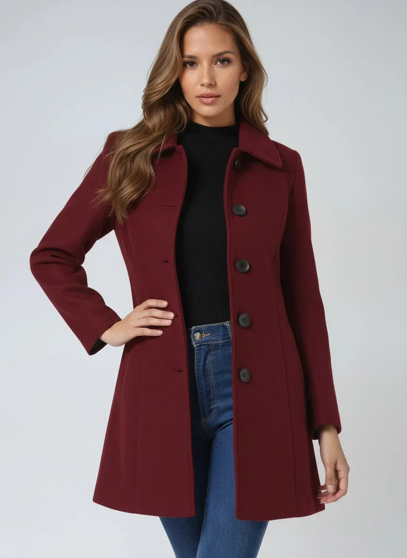 Single Breasted Wool-Look Winter Coat for Women with Pockets and Lining in Dark Red, front view