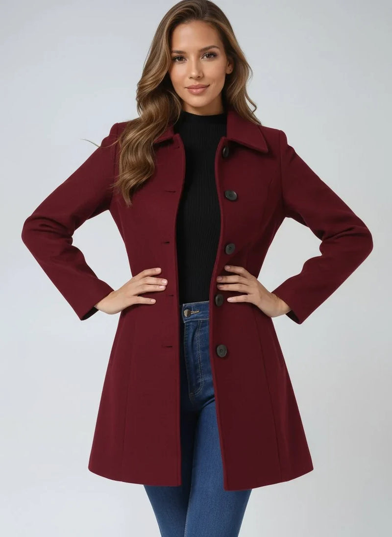 Single Breasted Wool-Look Winter Coat for Women with Pockets and Lining in Dark Red, hands on hips view
