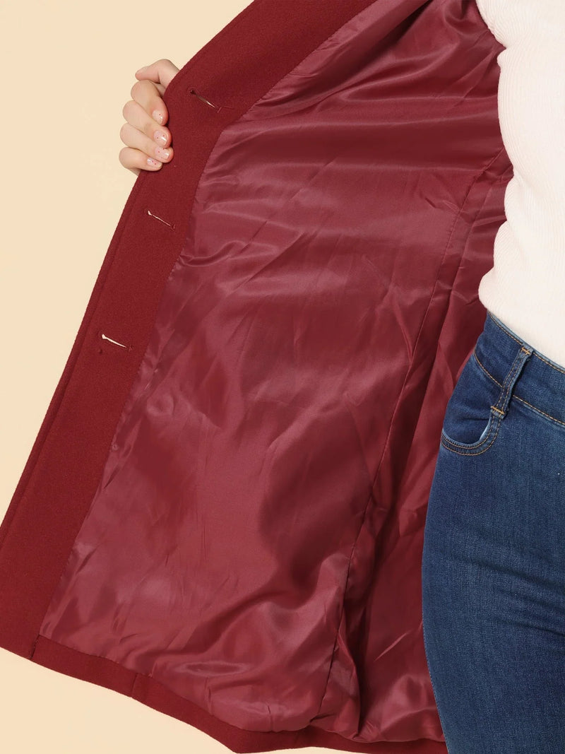 Single Breasted Wool-Look Winter Coat for Women with Pockets and Lining in Dark Red, lining detail
