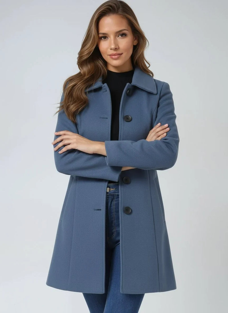 Single Breasted Wool-Look Winter Coat for Women with Pockets and Lining in Light Blue, front view