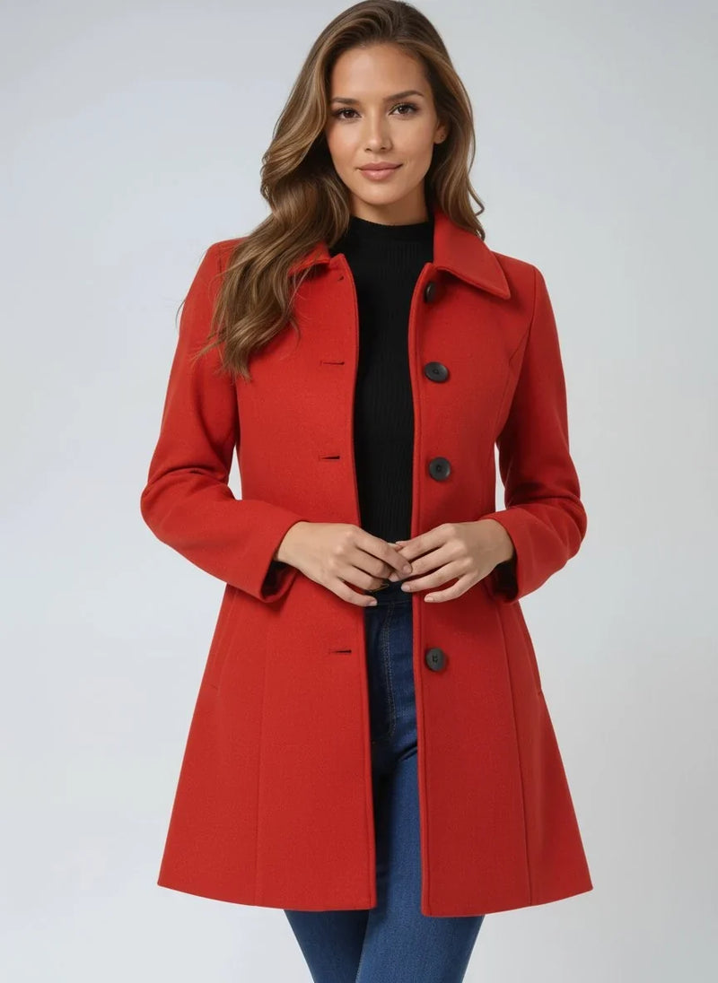 Single Breasted Wool-Look Winter Coat for Women with Pockets and Lining in Red, front view
