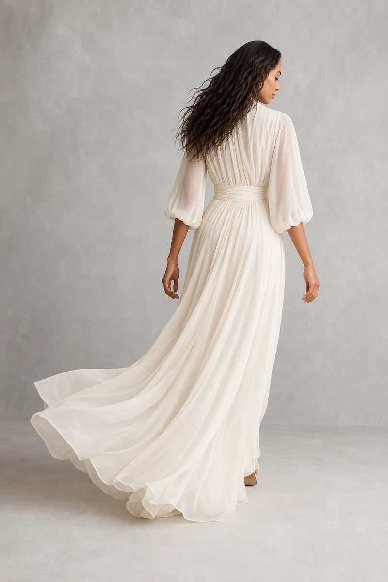 Sofaine Chloe ivory chiffon puff-sleeve maxi dress in Ivory, back view