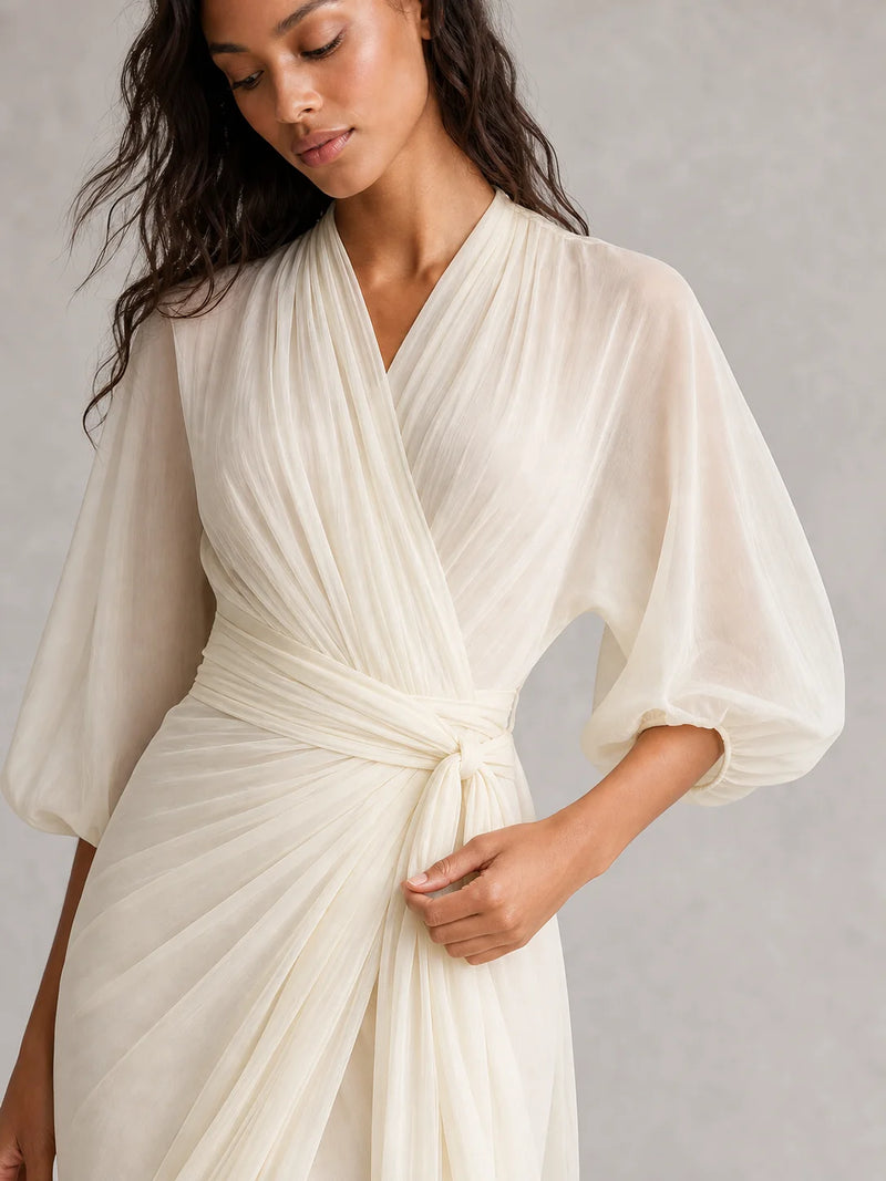 Sofaine Chloe ivory chiffon puff-sleeve maxi dress in Ivory, wrap-sash and puff-sleeve detail