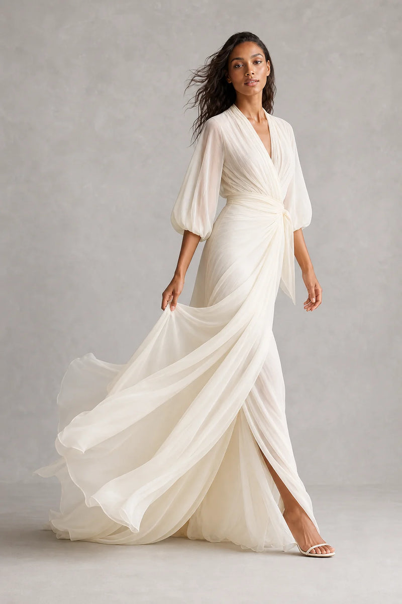 Sofaine Chloe ivory chiffon puff-sleeve maxi dress in Ivory, styled full look