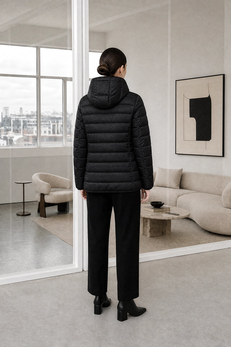 Ciara | Hooded Textured Jacket in Black, studio back view