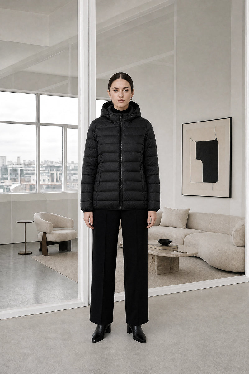 Ciara | Hooded Textured Jacket in Black, studio front view