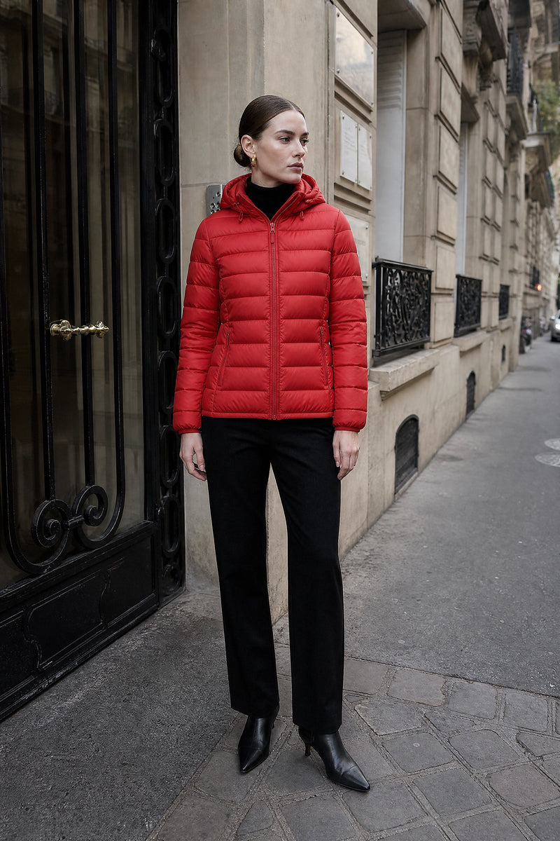 SOFAINE-V7-LIFE-Ciara | Hooded Textured Jacket in Bright Red, street-style view