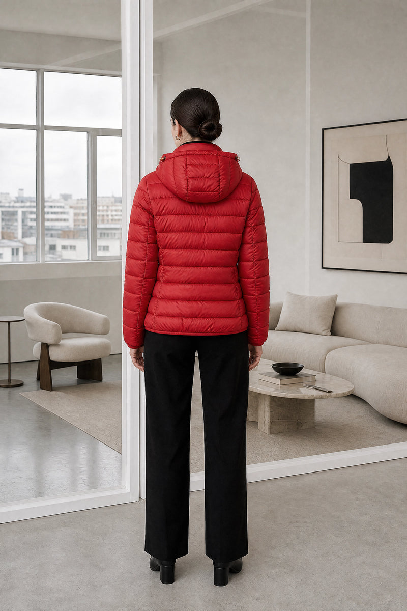 Ciara | Hooded Textured Jacket in Bright Red, studio back view