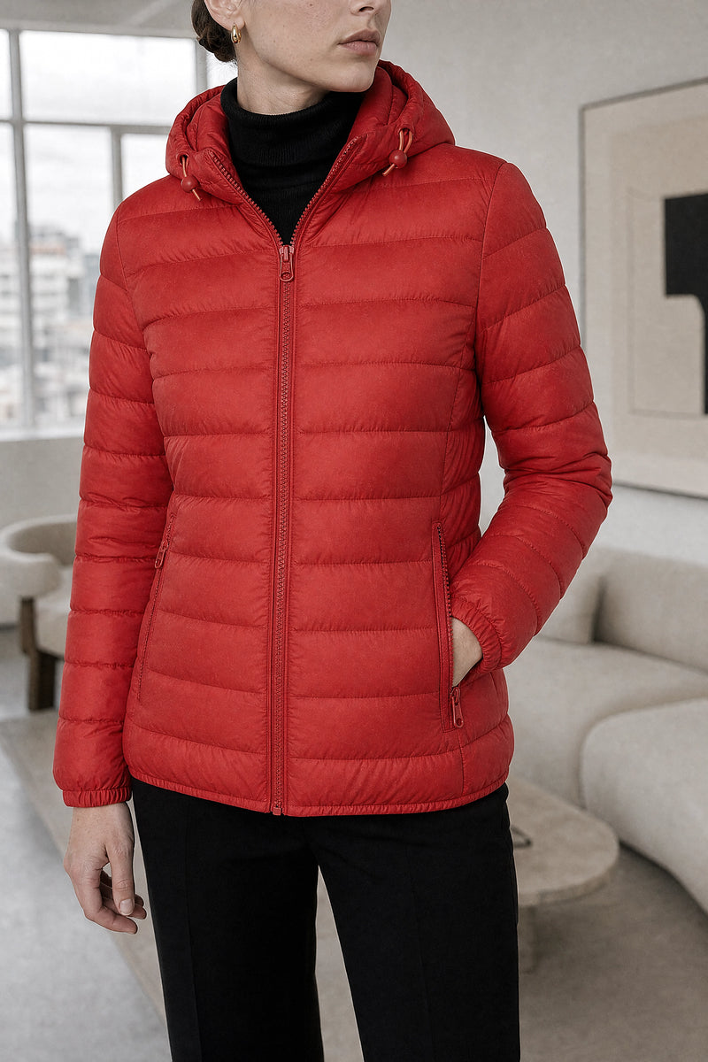 Ciara | Hooded Textured Jacket in Bright Red, fabric close-up