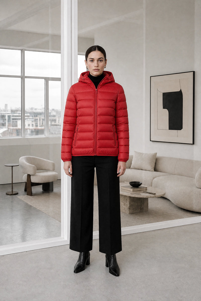 Ciara | Hooded Textured Jacket in Bright Red, studio front view