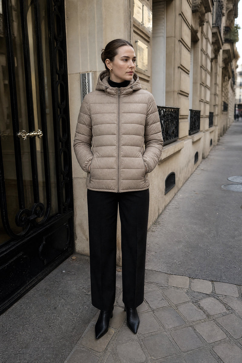 SOFAINE-V7-LIFE-Ciara | Hooded Textured Jacket in Khaki, street-style view