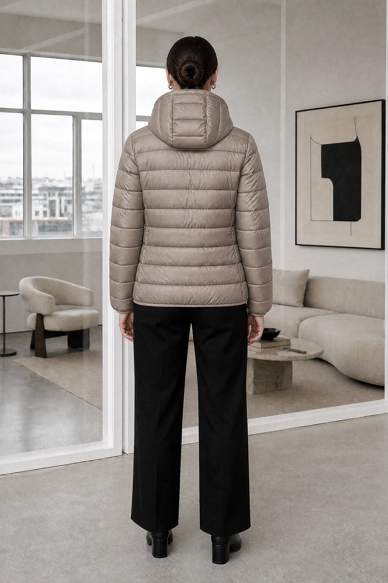 Ciara | Hooded Textured Jacket in Khaki, studio back view