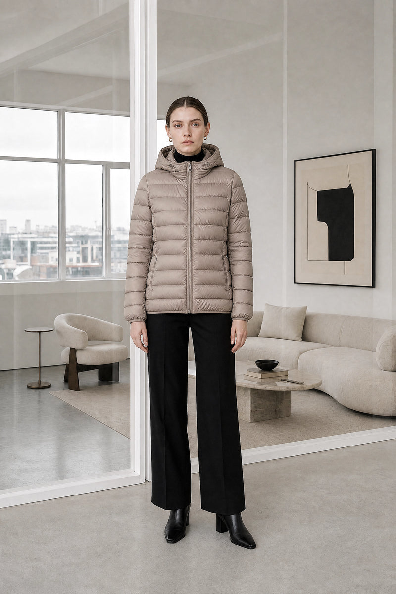 Ciara | Hooded Textured Jacket in Khaki, studio front view