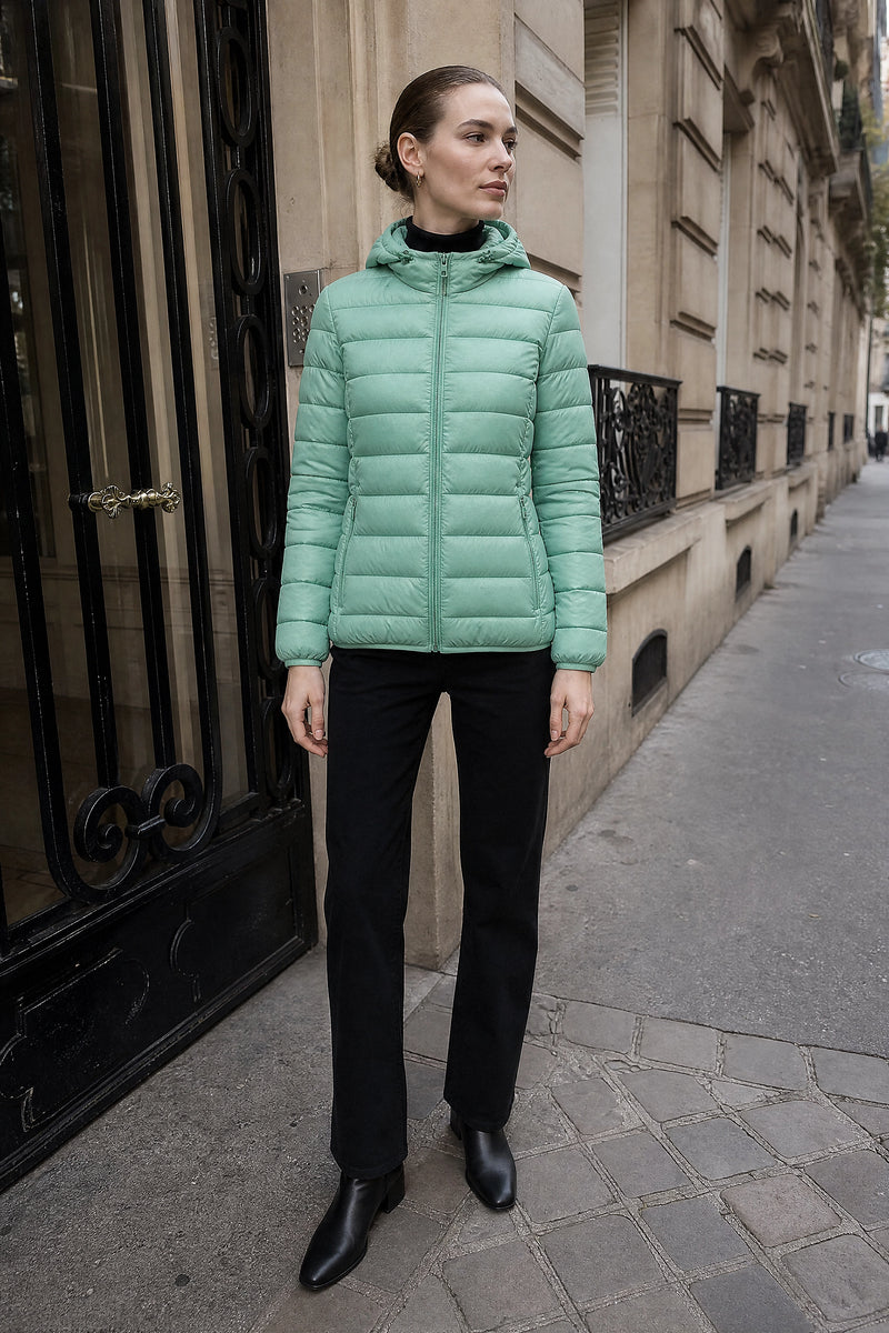 SOFAINE-V7-LIFE-Ciara | Hooded Textured Jacket in Mint Green, street-style view