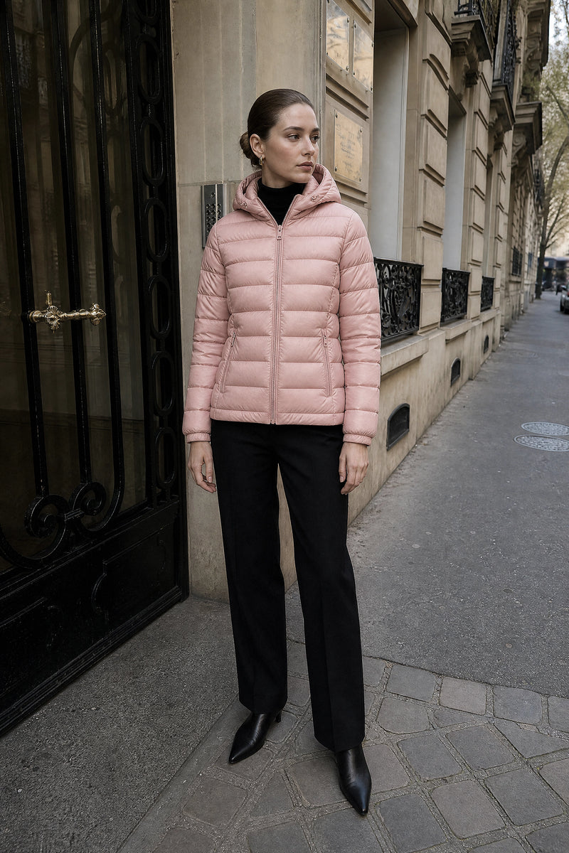 SOFAINE-V7-LIFE-Ciara | Hooded Textured Jacket in Pink, street-style view